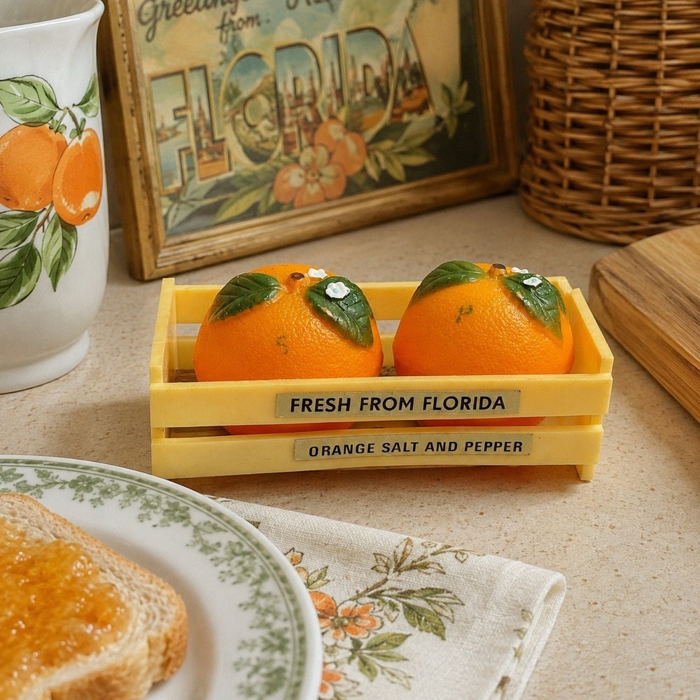 Vintage Florida Orange Salt and Pepper Shakers Set in Plastic Crate Good